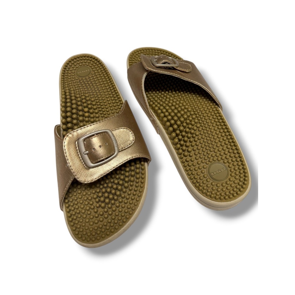 Kenkoh Womens Gold Metallic Reflexology Massage Slide Sandals Buckle Size 10 41